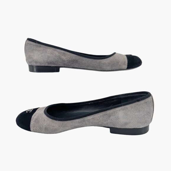 Chanel CC Gray Suede Black Cap Toe Ballet Flats Shoes Size 39 US 8-8.5 Logo - Picture 11 of 15